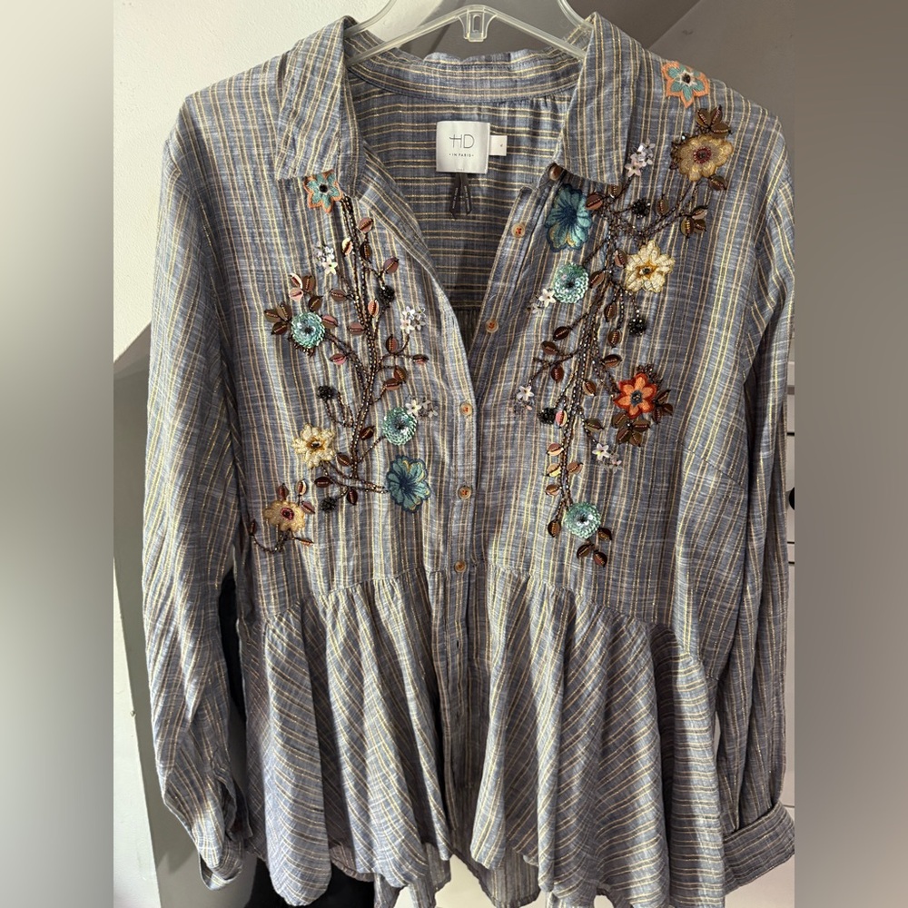 ANTHROPOLOGIE HD in Paris Striped blouse with Multicolor Floral Embroidery